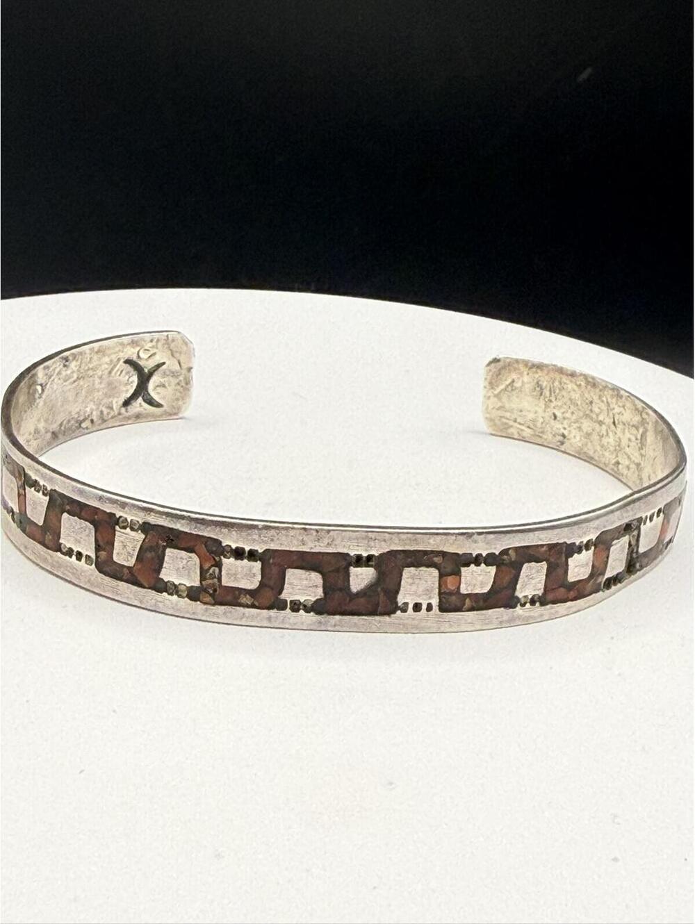 Signed Vintage Sterling Silver Coral Inlay Southwestern Cuff Bracelet